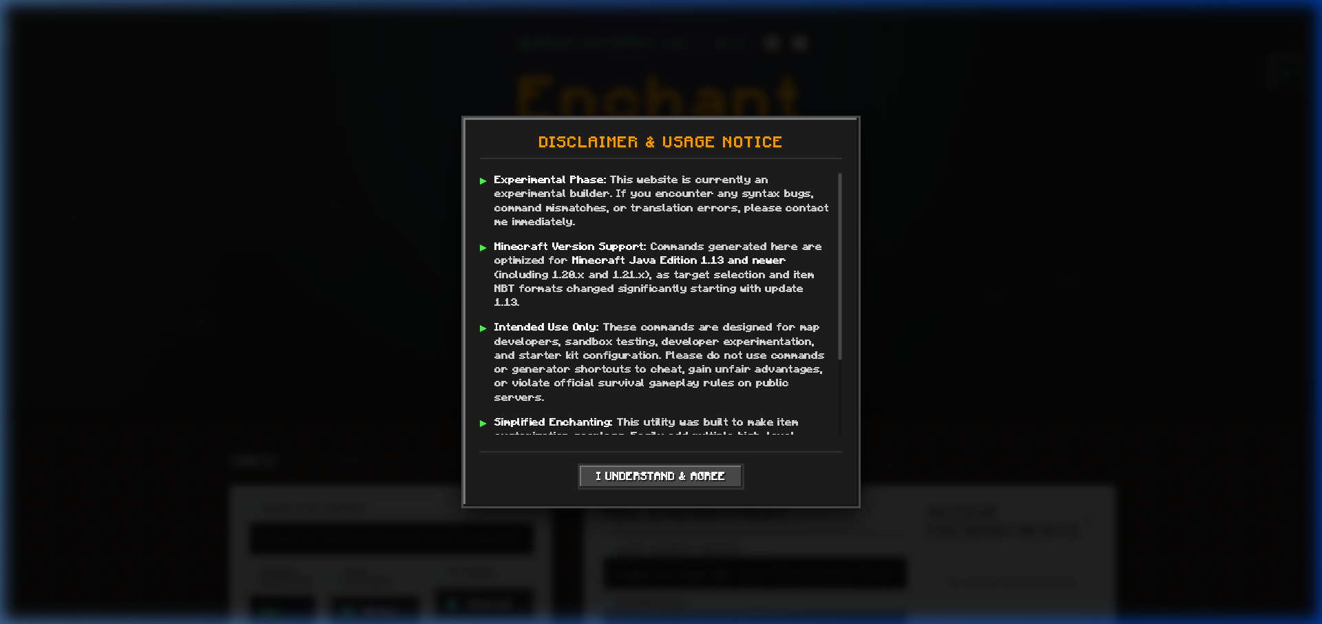 Tampilan awal Enchant Builder dengan disclaimer